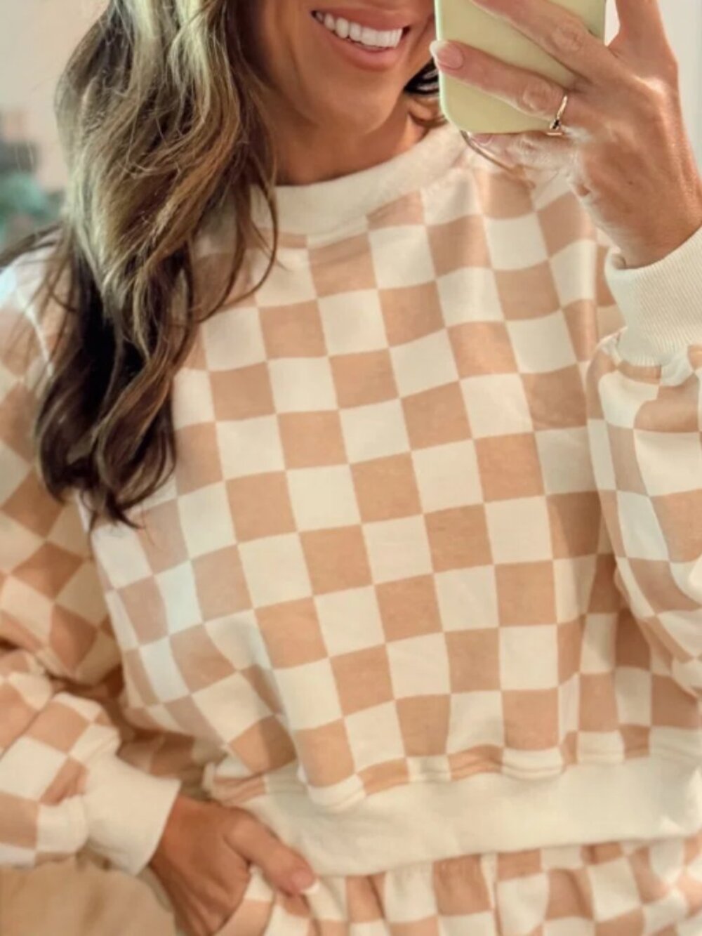 Checkered Print Crewneck - Cream/pink - Size Small